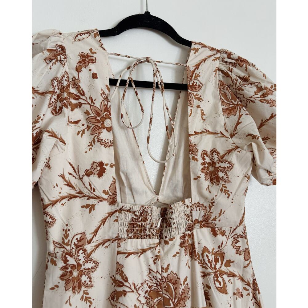 Tan Brown Abercrombie Puff Sleeve Floral Poplin Midi Dress S - Picture 7 of 8